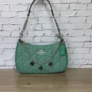 Coach Teri Shoulder Bag Green Denim Quilted Silver a free unbranded chain NWT